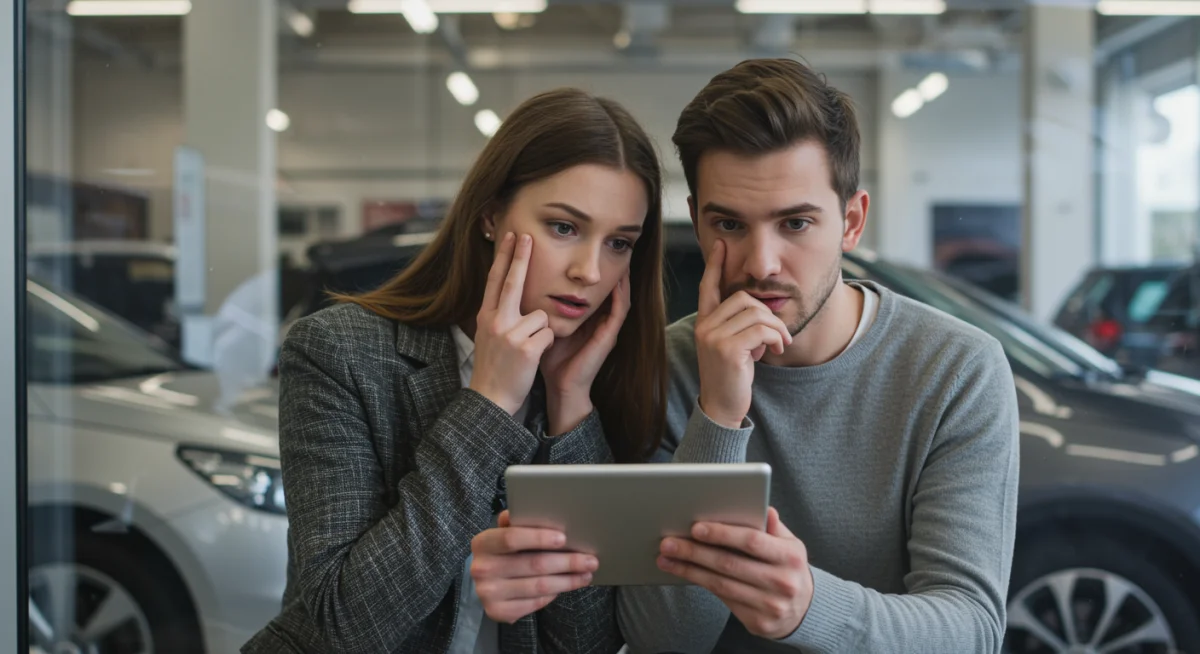 Casal preocupado analisando taxas de juros em tablet, com concessionária de carros novos ao fundo.