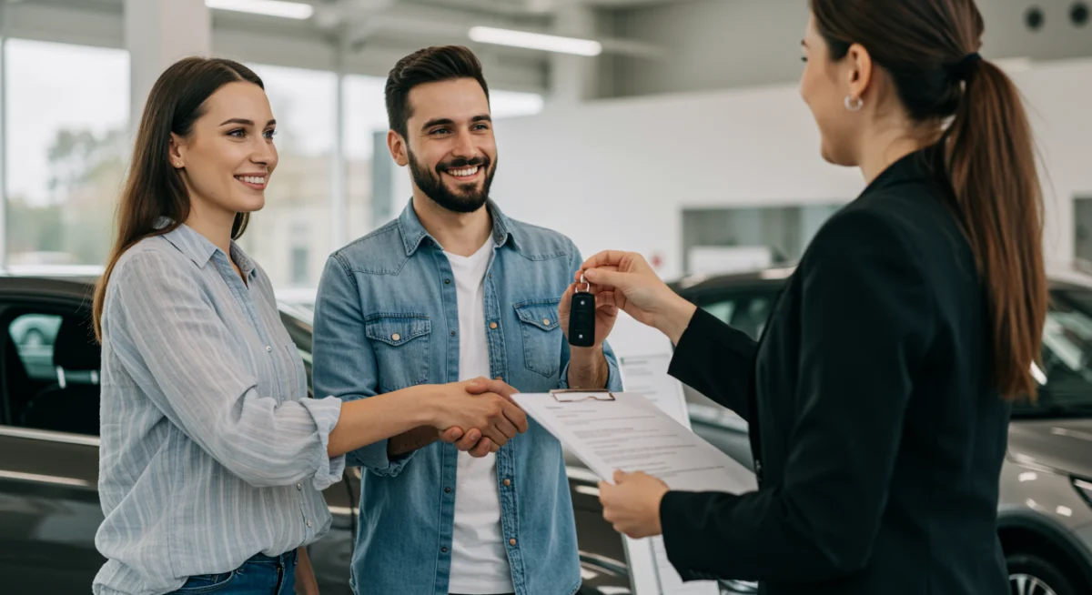 Casal feliz recebendo chaves de carro novo de vendedor, simbolizando aprovação de financiamento.