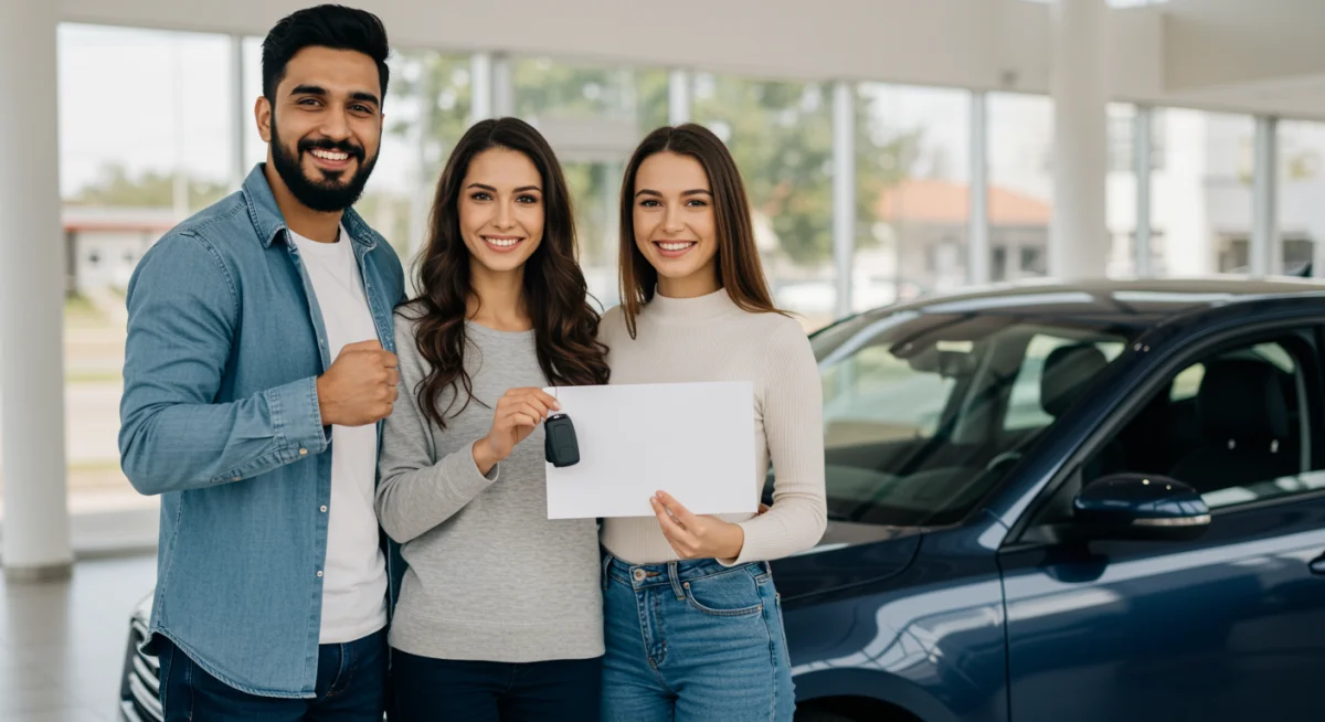 Casal recebendo chaves de carro novo, simbolizando aprovação bem-sucedida do financiamento.