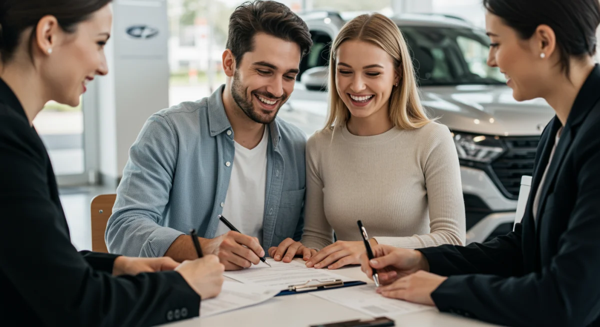 Casal feliz assinando contrato de financiamento de carro em concessionária