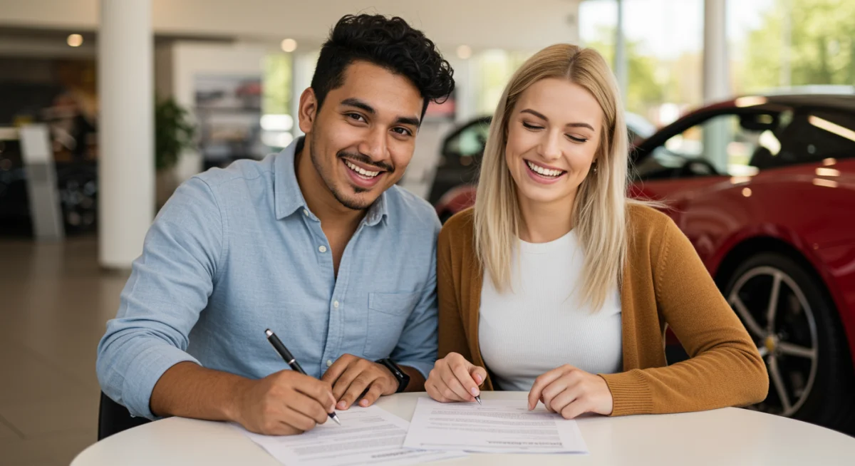 Casal assinando documentos de financiamento em concessionária, com carro novo ao fundo, simbolizando sucesso no crédito automotivo.