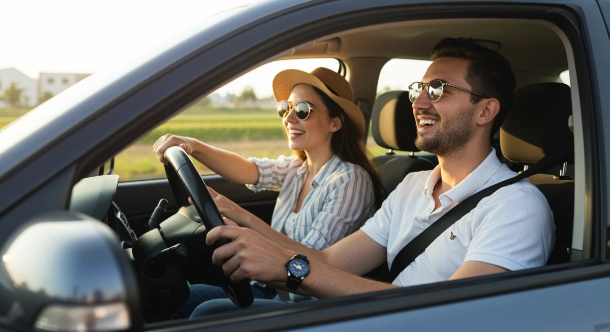 Casal jovem e feliz dirigindo um carro novo, simbolizando a conquista do financiamento automotivo.