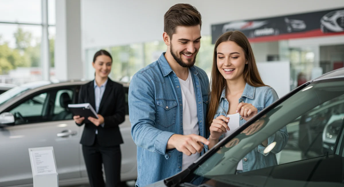Casal inspecionando carro usado em concessionária, com vendedor ao fundo, simbolizando a compra.