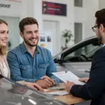 Financiamento Automotivo Sem Entrada: Bancos, Opções e Desvantagens em 2025 Casal sorridente em concessionária, negociando financiamento automotivo sem entrada com um consultor em 2025.