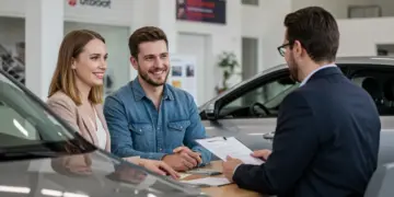 Casal sorridente em concessionária, negociando financiamento automotivo sem entrada com um consultor em 2025.