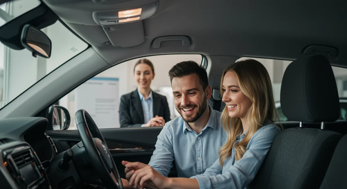 Casal inspecionando o interior de um carro usado em uma concessionária, sorrindo e conversando com um vendedor.