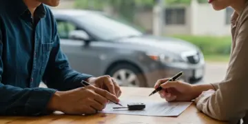 Casal analisando documentos para renegociar financiamento de carro e aliviar orçamento familiar.