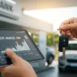 Análise de Crédito Bancário e Financiamento Automotivo 2025 Pessoa segurando chave de carro com tablet mostrando análise de crédito e banco ao fundo, simbolizando financiamento automotivo.