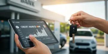 Pessoa segurando chave de carro com tablet mostrando análise de crédito e banco ao fundo, simbolizando financiamento automotivo.