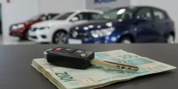 Chave de carro sobre pilhas de dinheiro, simbolizando financiamento inteligente de veículos usados.