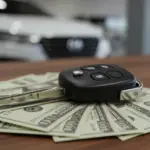 4 Taxas Escondidas no Financiamento de Veículos: Evite Surpresas! Chave de carro sobre pilhas de dinheiro, simbolizando taxas escondidas no financiamento de veículos.