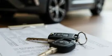 Chave de carro sobre documentos financeiros, com um carro moderno ao fundo, representando o financiamento automotivo.