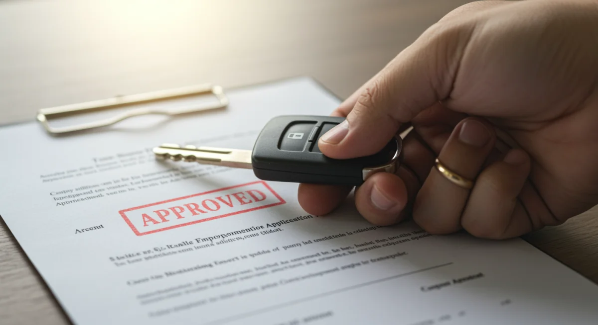 Mão segurando chave de carro com carimbo de 'Aprovado' em documento, simbolizando financiamento bem-sucedido.
