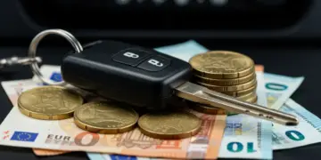 Chave de carro sobre pilhas de moedas e notas, simbolizando o financiamento e as taxas de juros.