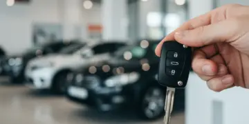 Chave de carro moderna em concessionária, simbolizando as novas regras de financiamento de veículos usados.