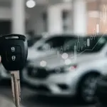 Alerta: Taxas de Juros de Financiamento de Carros Novos Aumentaram 1,5%? Chave de carro novo com gráficos de juros subindo ao fundo