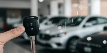 Chave de carro novo com gráficos de juros subindo ao fundo