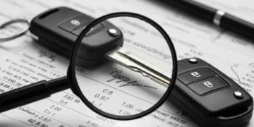 Chave de carro com lupa, simbolizando a atenção aos detalhes em contratos de financiamento automotivo.