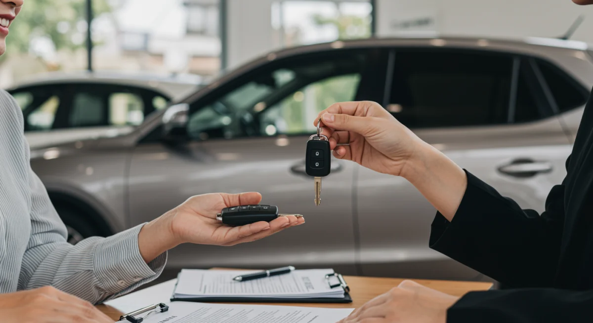 Pessoa recebendo chaves de carro novo após aprovação de financiamento automotivo.