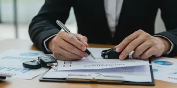 Pessoa revisando checklist de documentação para financiamento de veículo com chaves de carro e documentos financeiros