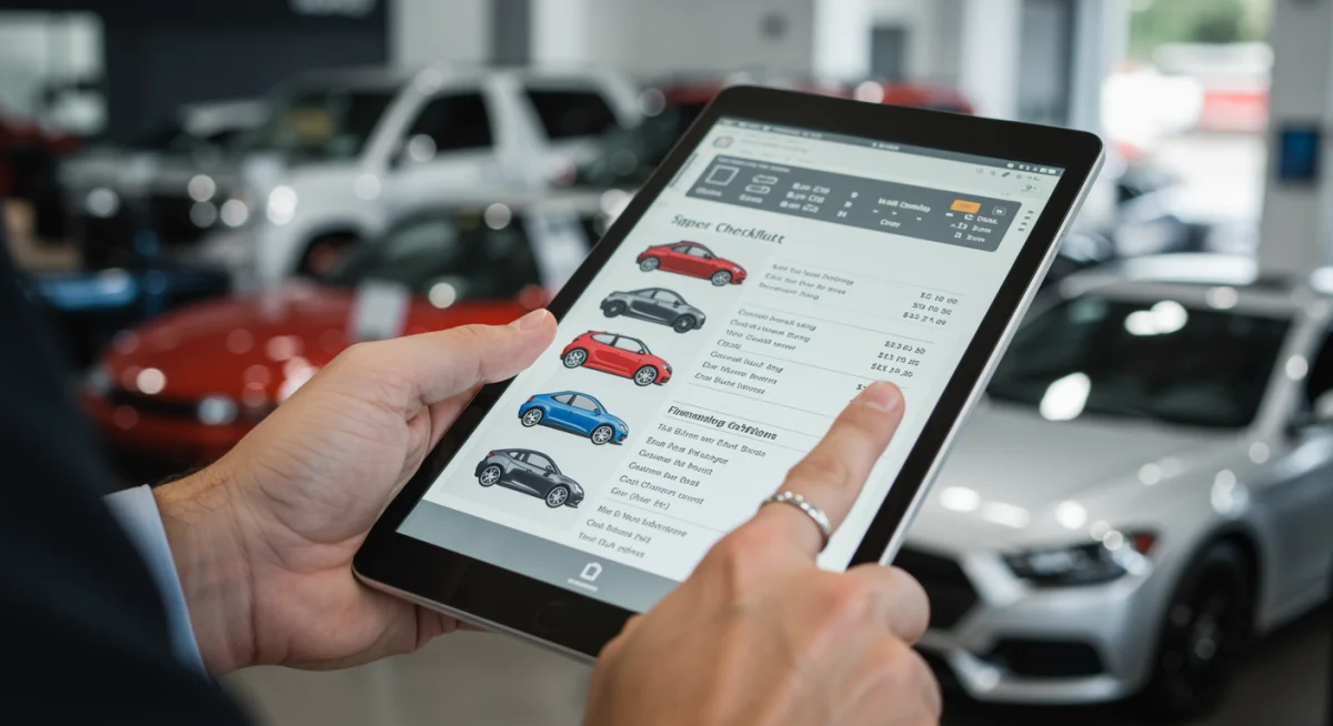 Mão apontando para checklist de tipos de veículos e opções de financiamento em tablet.