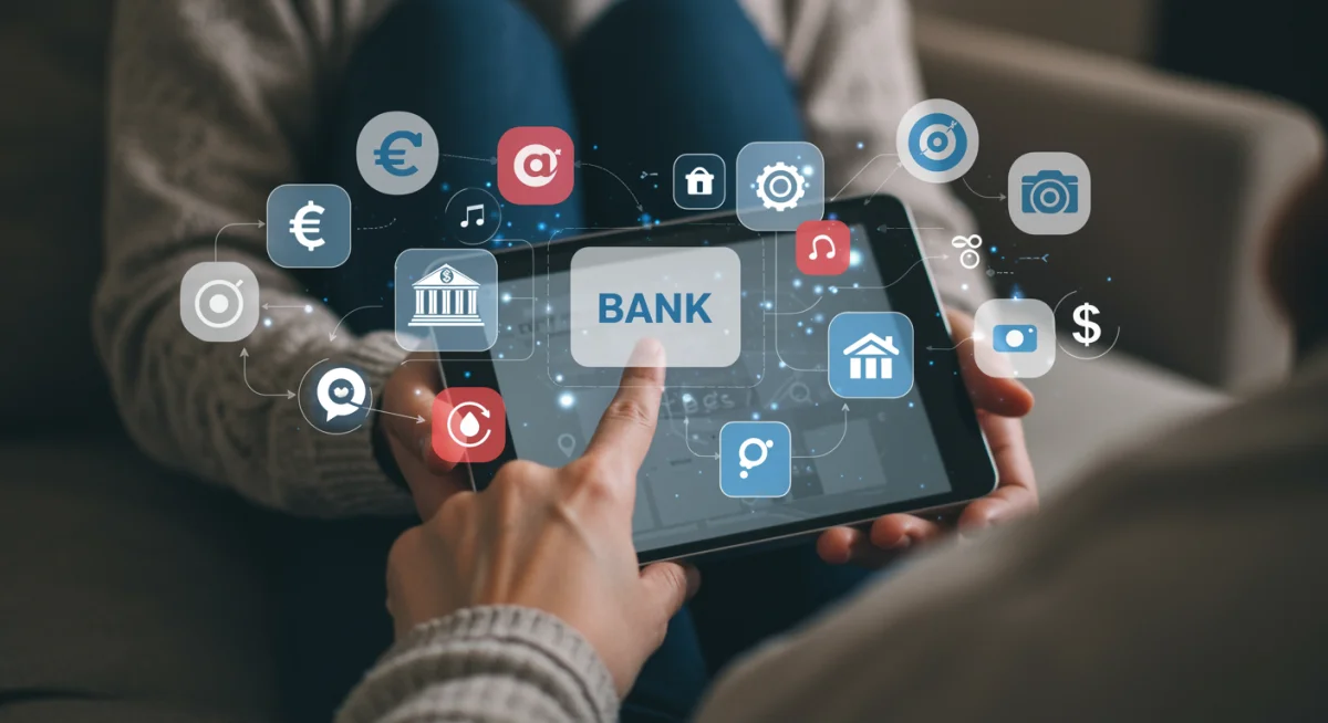 Pessoa comparando opções de financiamento automotivo em aplicativos de bancos digitais e tradicionais no tablet.