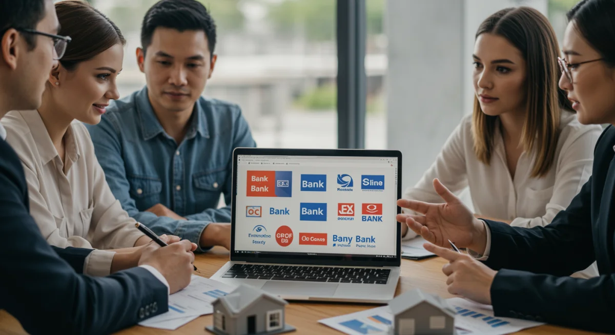Pessoas discutindo condições de financiamento com um consultor, comparando ofertas de diferentes bancos em um laptop.
