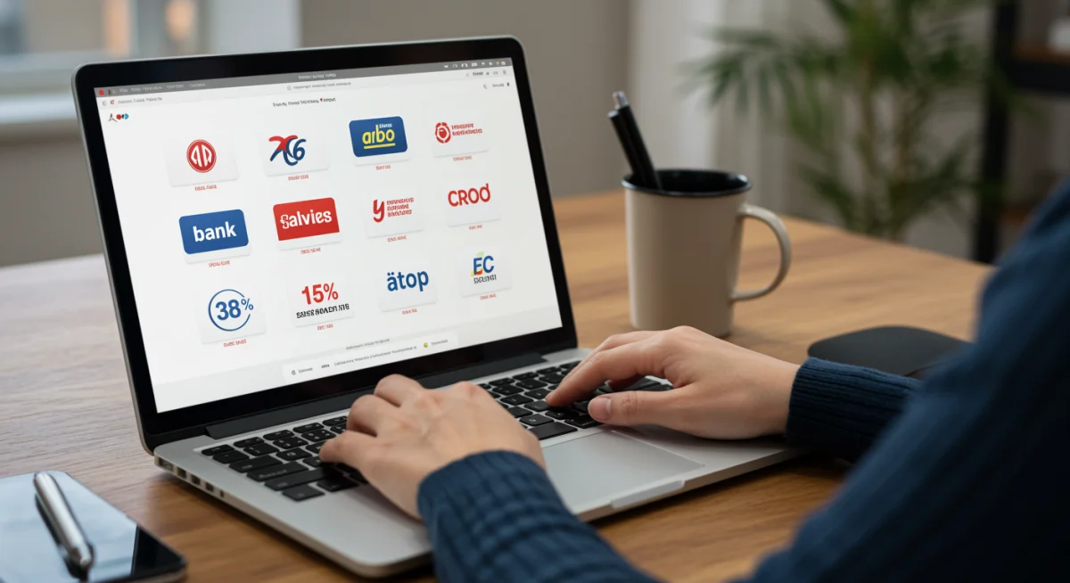 Pessoa comparando taxas de financiamento automotivo em um site, com logos de bancos e valores de juros na tela do notebook.