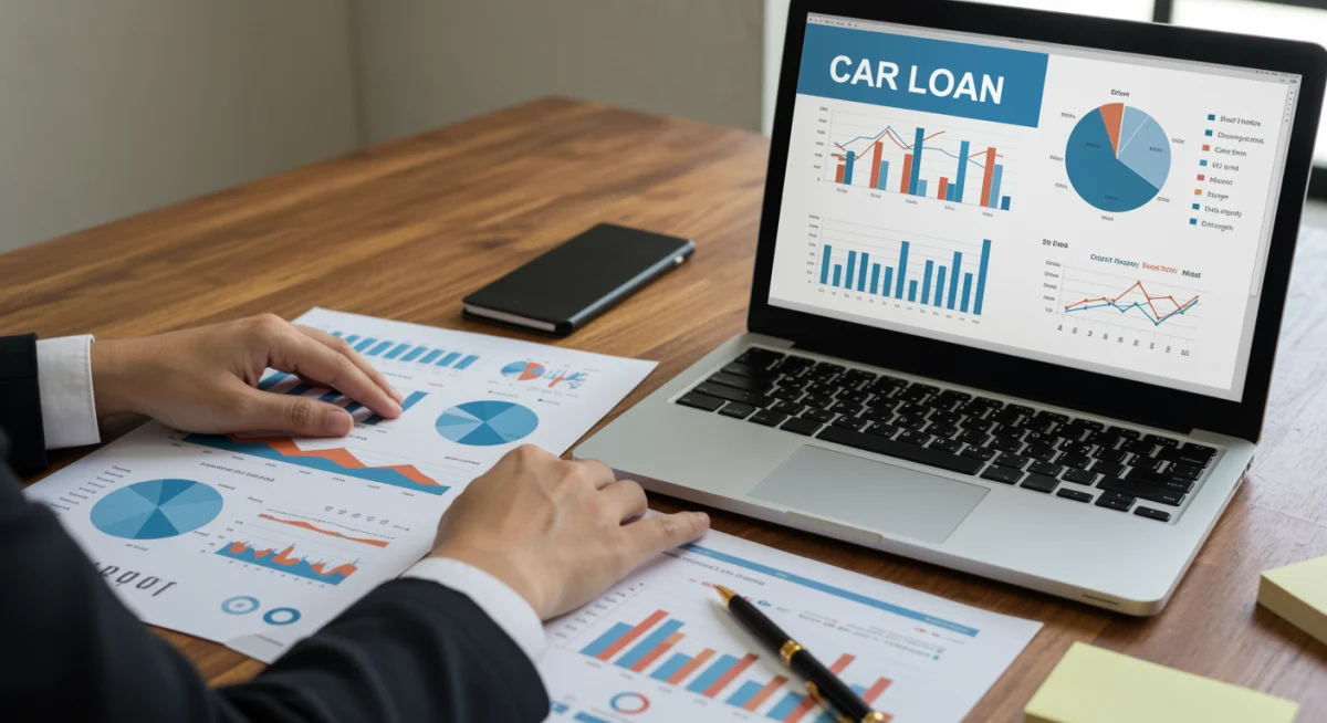 Pessoa comparando gráficos de taxas de juros de diferentes bancos para financiamento de carro em um laptop.