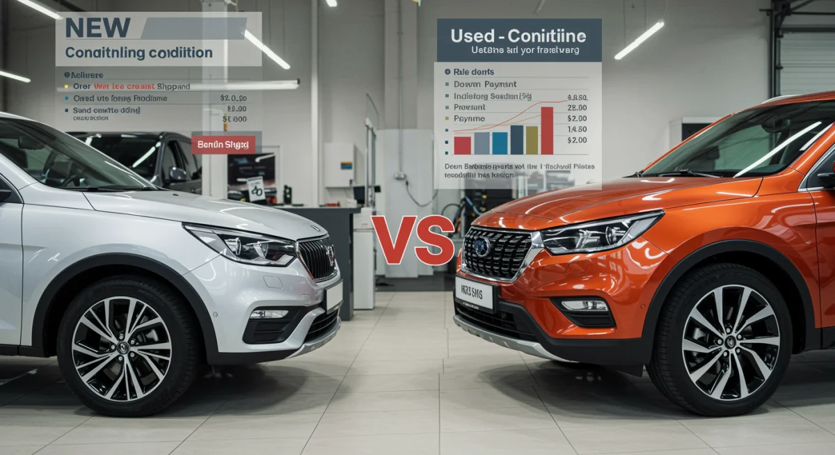 Comparativo de financiamento entre carro novo e usado, destacando a importância da entrada.