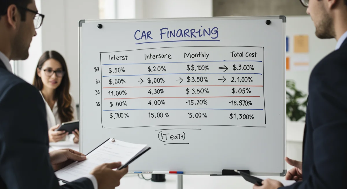 Quadro branco com comparativo de cenários de financiamento automotivo, mostrando taxas de juros, parcelas e custos totais para diferentes opções.