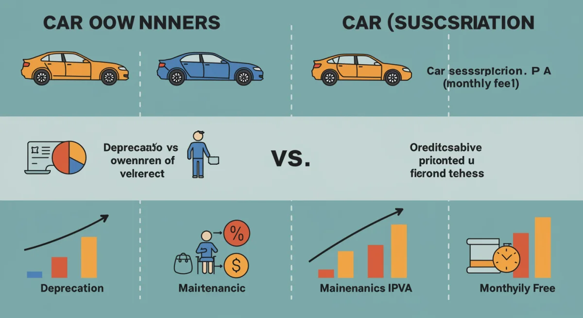 Infográfico comparando custos de carro próprio versus carro por assinatura, detalhando despesas como IPVA, seguro, manutenção e depreciação em ambos os cenários, com gráficos de barras.