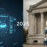 Comparativo entre bancos digitais e tradicionais para financiamento automotivo em 2025, com interfaces modernas e edifícios clássicos.