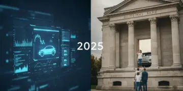 Comparativo entre bancos digitais e tradicionais para financiamento automotivo em 2025, com interfaces modernas e edifícios clássicos.