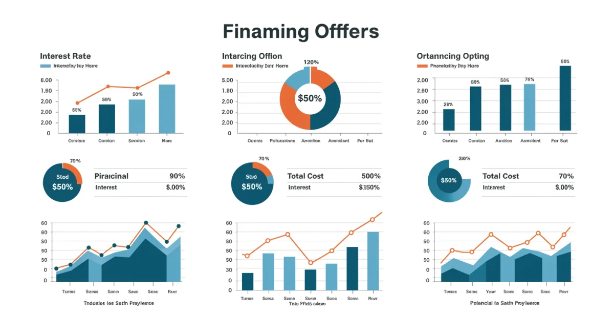 Infográfico comparativo de ofertas de financiamento com diferentes taxas de juros e parcelas, destacando a economia.