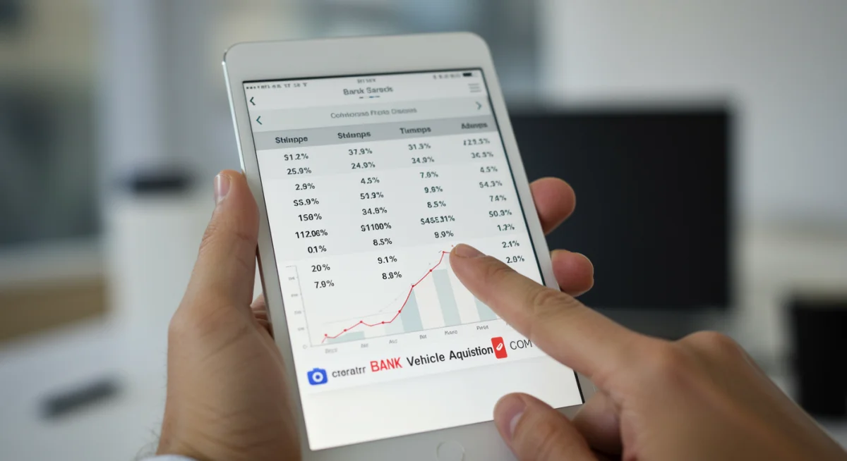 Mão segurando tablet com tabela comparativa de taxas de financiamento para empresas.