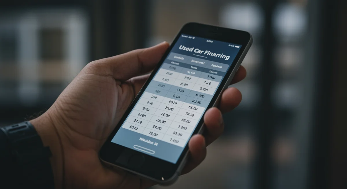 Mão segurando smartphone comparando taxas de juros de diferentes bancos para financiamento de carros usados.