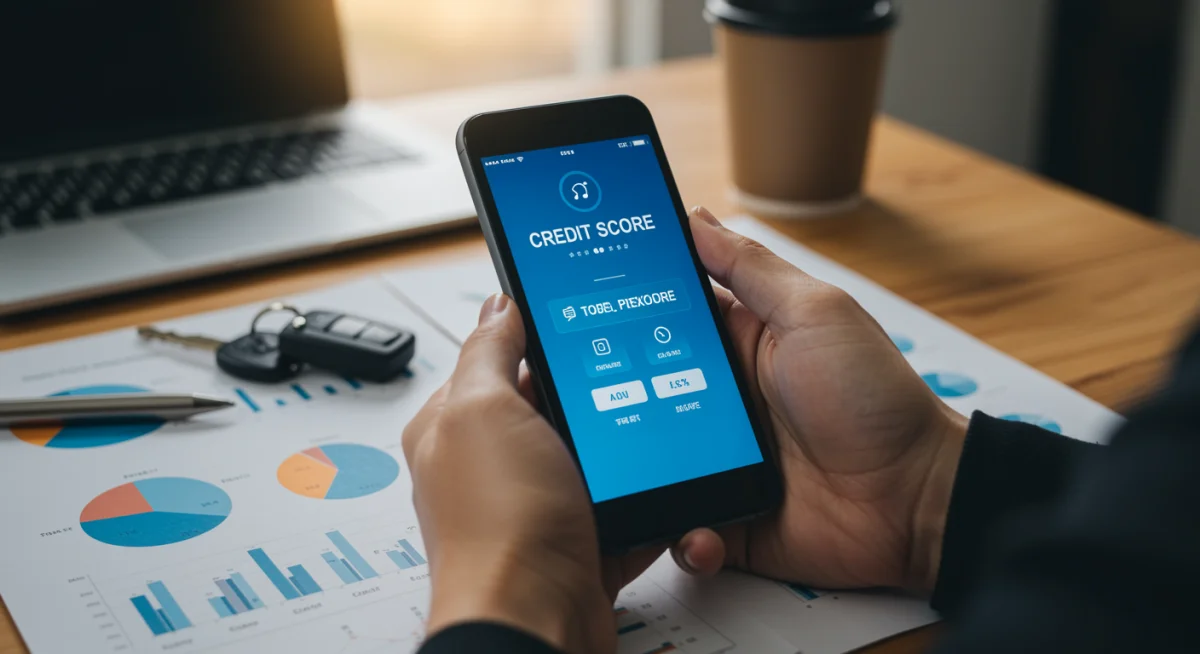 Pessoa consultando sua pontuação de crédito em um aplicativo, planejando um financiamento automotivo.