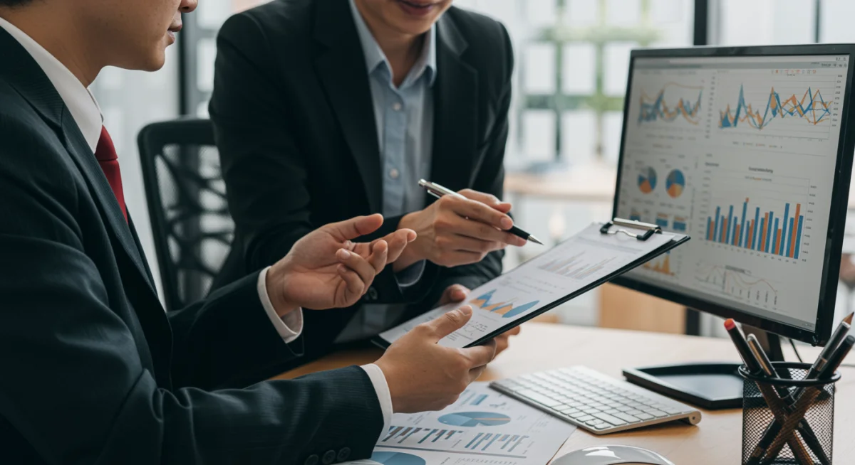 Consultor financeiro orientando autônomo sobre planejamento e opções de crédito, com gráficos financeiros na tela do computador.