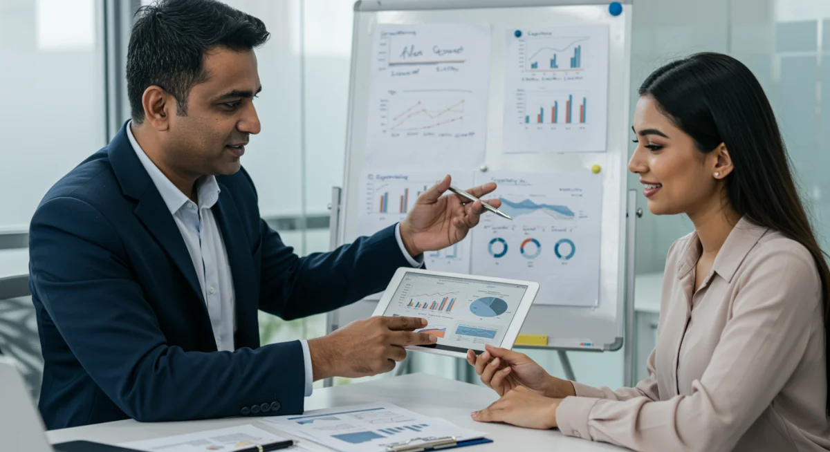 Consultor financeiro explicando gráficos de orçamento para autônomo, destacando planejamento.