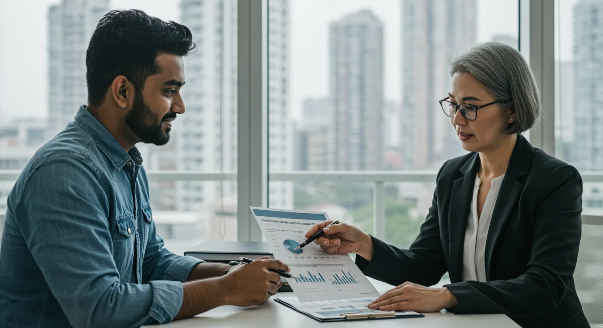 Consultor financeiro explicando estratégias para melhorar o score de crédito para financiamento automotivo.