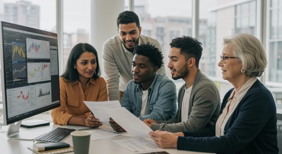 Pessoas discutindo opções de financiamento de veículos com um consultor bancário.