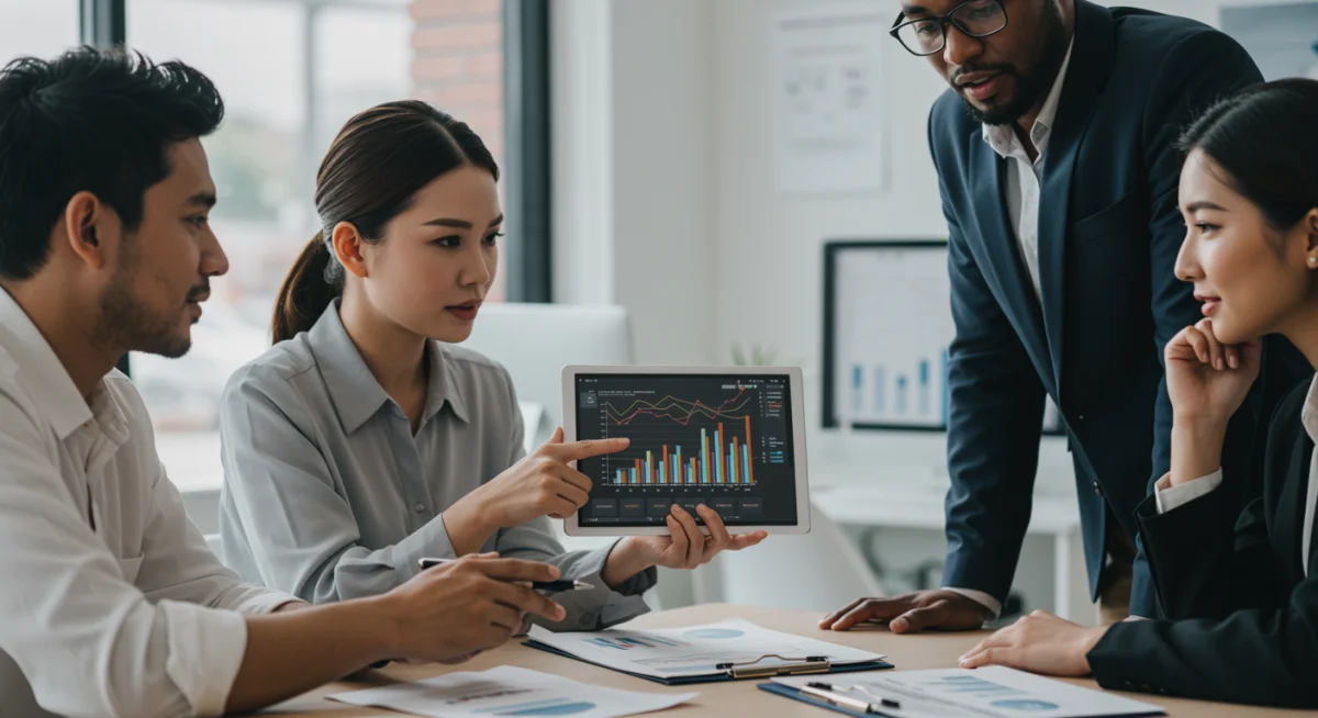 Pessoas discutindo opções de financiamento automotivo com um consultor bancário, analisando gráficos e taxas de juros.