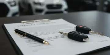 Pessoa lendo atentamente um contrato de financiamento de carro usado em 2025, com caneta e chave na mesa.