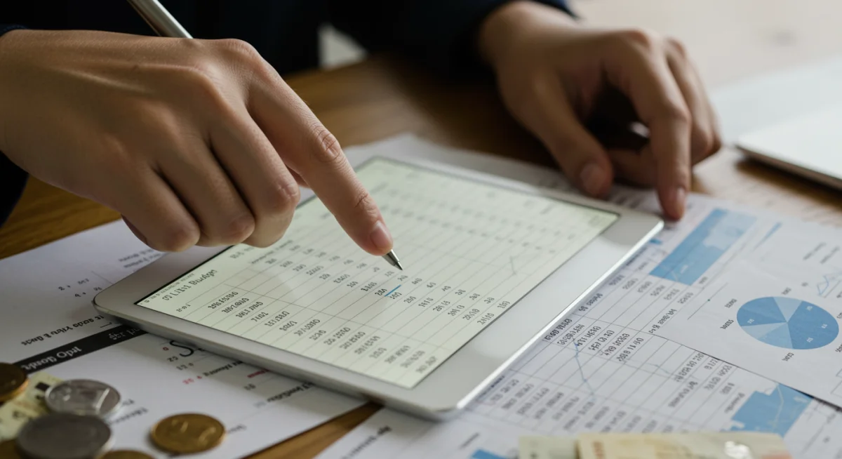Mão destacando item em planilha de orçamento, simbolizando corte de gastos para economizar.
