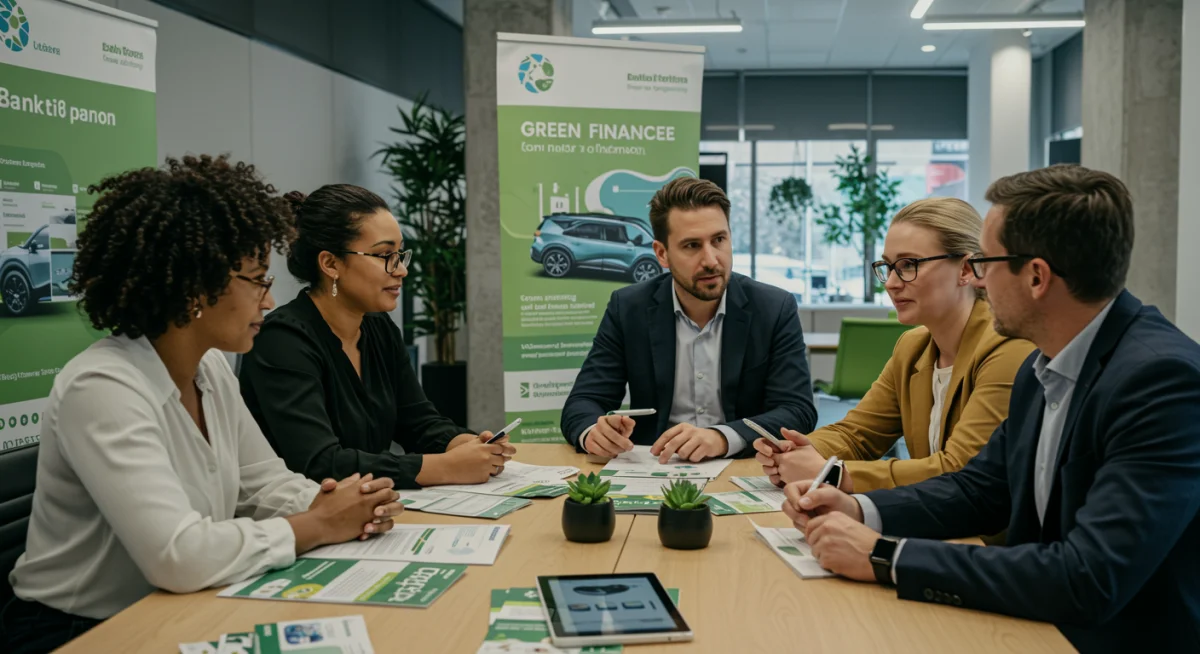 Pessoas discutindo opções de financiamento para veículos elétricos com um consultor bancário