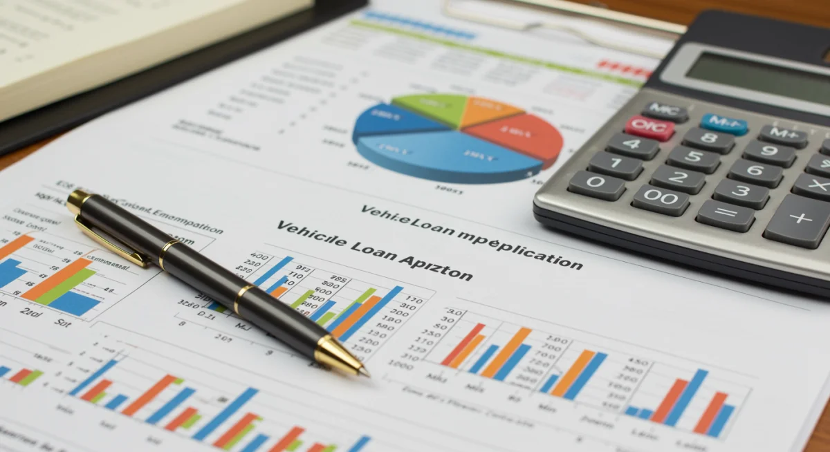 Documentos e cálculos financeiros sobre uma mesa, representando a análise de crédito para financiamento de veículo.