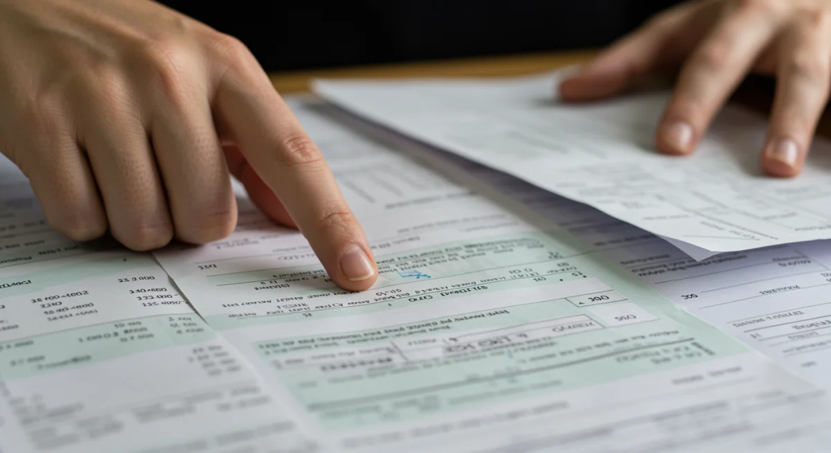Documentos financeiros detalhados de autônomo, como extratos bancários e declaração de imposto de renda, sobre uma mesa.