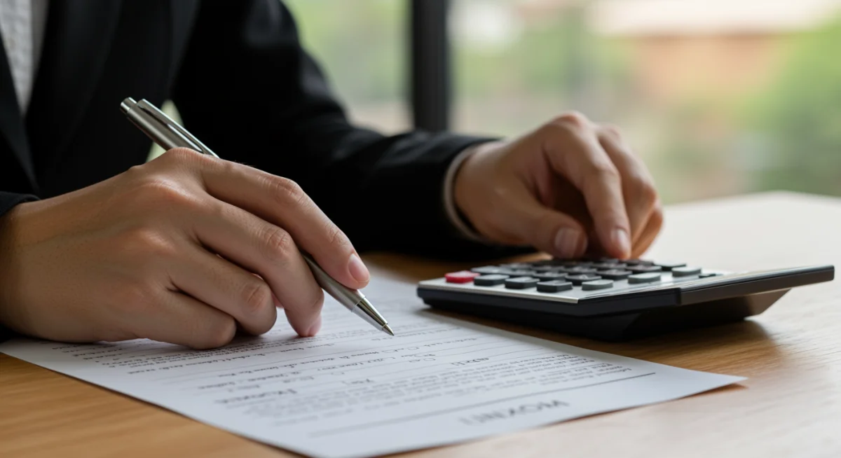 Mão preenchendo documentos de financiamento automotivo, com calculadora e caneta sobre a mesa, ilustrando o processo de solicitação de crédito.