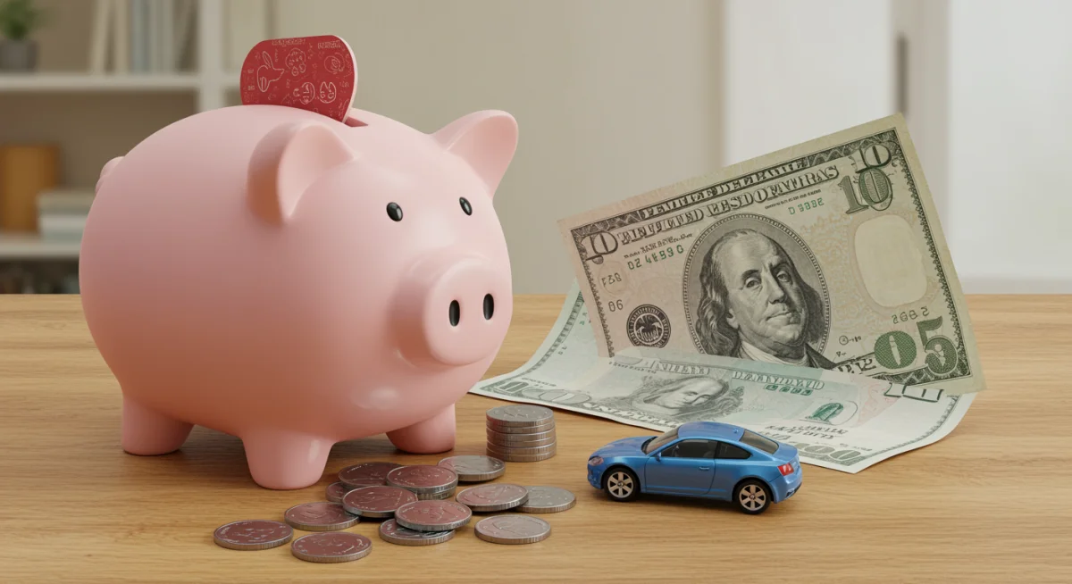 Cofre com moedas e notas ao lado de um carro em miniatura, representando a economia para a compra de um veículo.